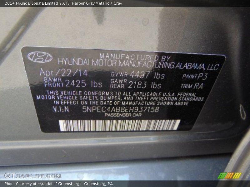 Harbor Gray Metallic / Gray 2014 Hyundai Sonata Limited 2.0T