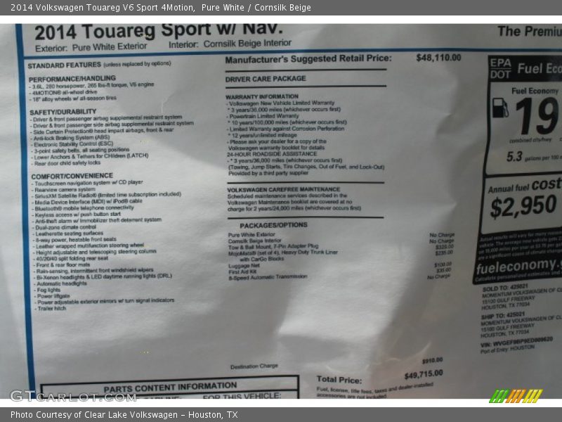 Pure White / Cornsilk Beige 2014 Volkswagen Touareg V6 Sport 4Motion