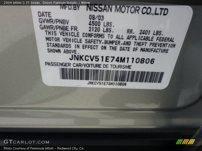 Desert Platinum Metallic / Willow 2004 Infiniti G 35 Sedan