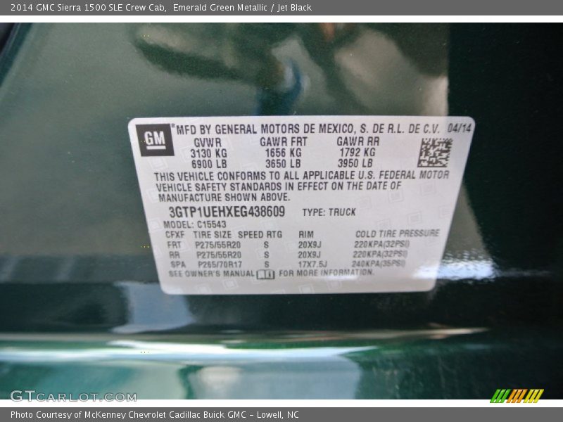 Info Tag of 2014 Sierra 1500 SLE Crew Cab