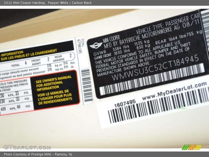 Pepper White / Carbon Black 2012 Mini Cooper Hardtop