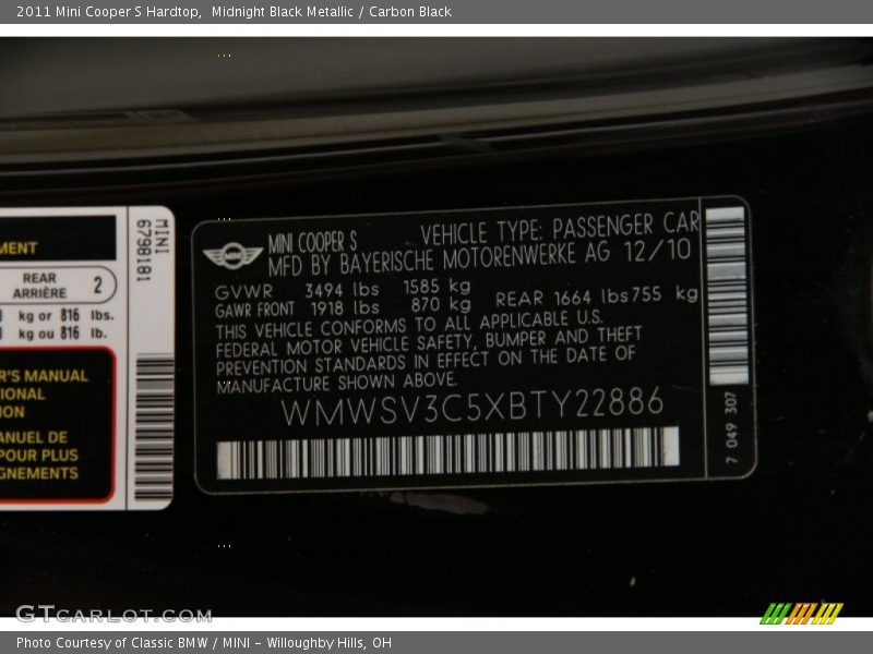 Midnight Black Metallic / Carbon Black 2011 Mini Cooper S Hardtop