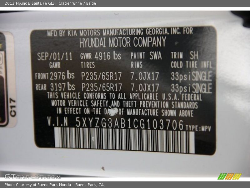 Glacier White / Beige 2012 Hyundai Santa Fe GLS