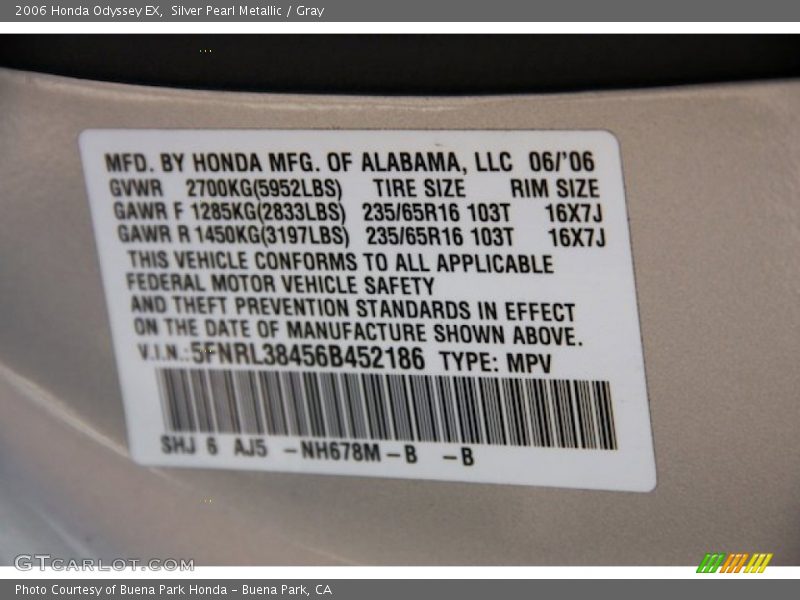 Silver Pearl Metallic / Gray 2006 Honda Odyssey EX
