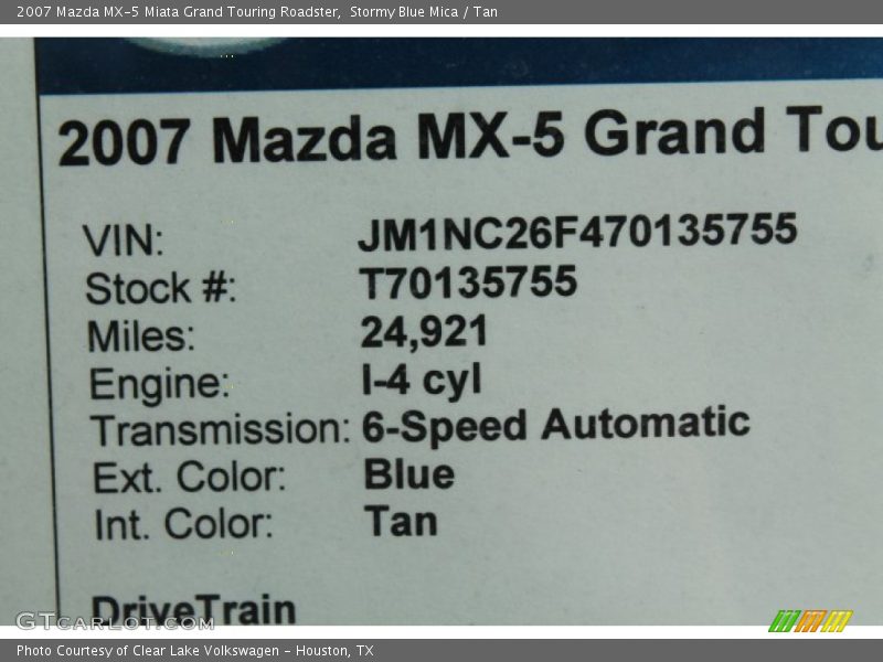 Stormy Blue Mica / Tan 2007 Mazda MX-5 Miata Grand Touring Roadster