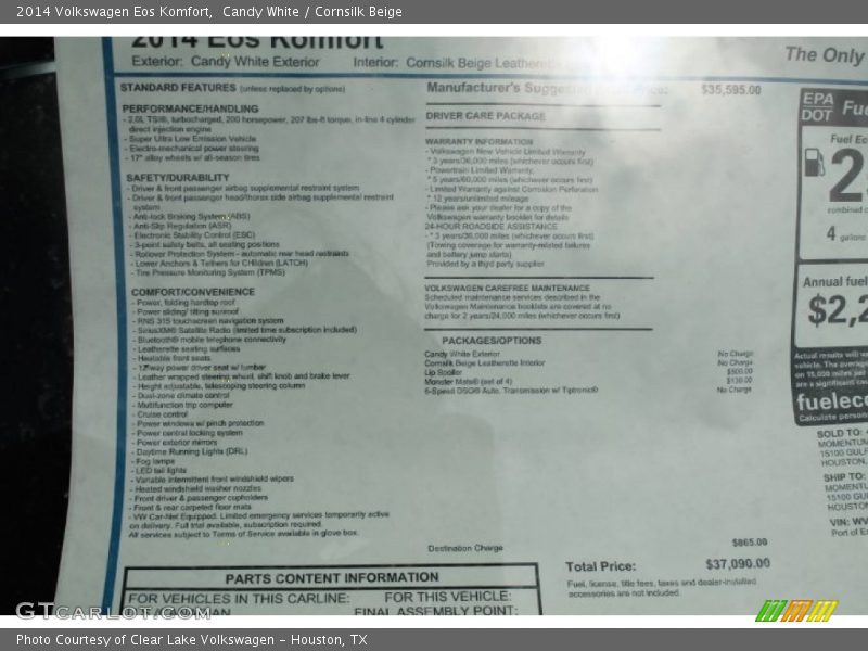 Candy White / Cornsilk Beige 2014 Volkswagen Eos Komfort