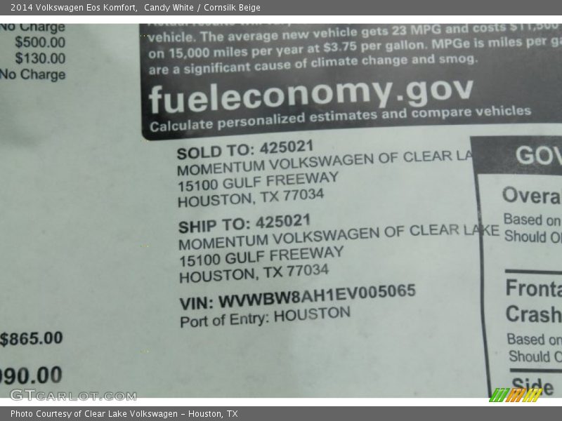 Candy White / Cornsilk Beige 2014 Volkswagen Eos Komfort