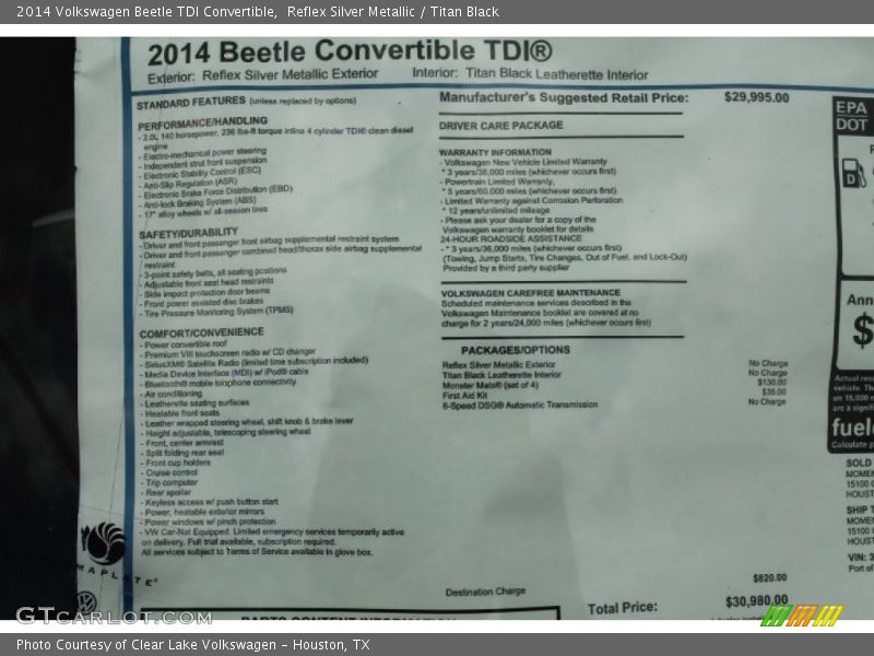  2014 Beetle TDI Convertible Window Sticker