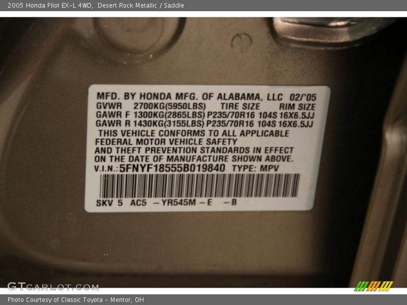 Desert Rock Metallic / Saddle 2005 Honda Pilot EX-L 4WD