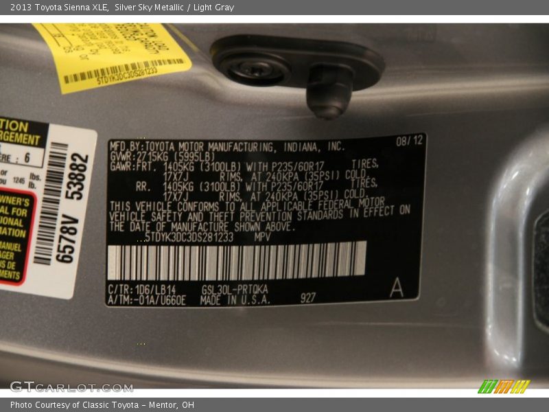 Silver Sky Metallic / Light Gray 2013 Toyota Sienna XLE