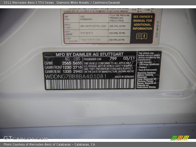 Diamond White Metallic / Cashmere/Savanah 2011 Mercedes-Benz S 550 Sedan