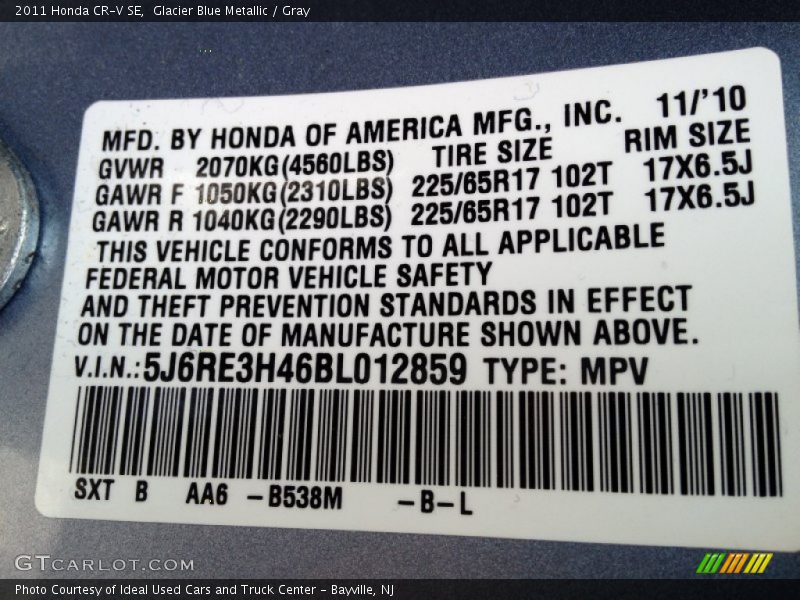 Glacier Blue Metallic / Gray 2011 Honda CR-V SE