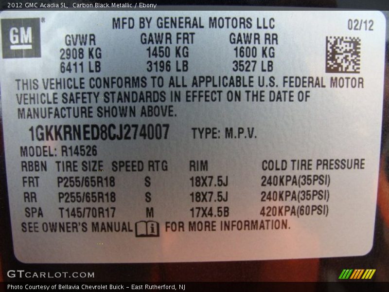 Carbon Black Metallic / Ebony 2012 GMC Acadia SL