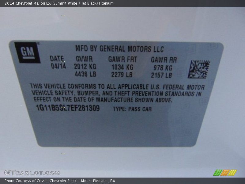 Summit White / Jet Black/Titanium 2014 Chevrolet Malibu LS