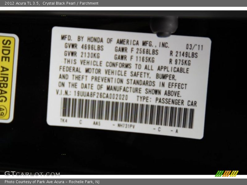 Crystal Black Pearl / Parchment 2012 Acura TL 3.5