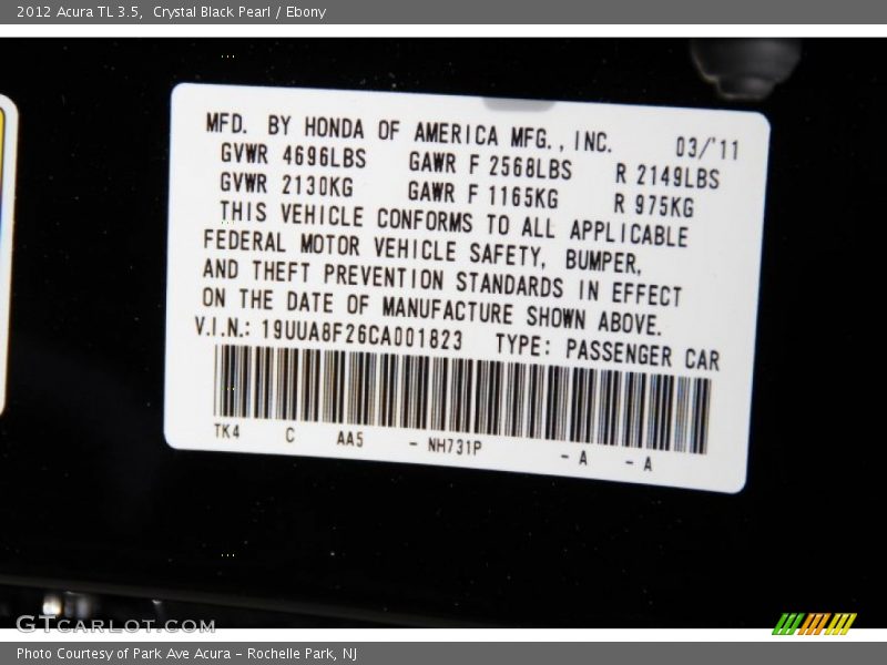 Crystal Black Pearl / Ebony 2012 Acura TL 3.5