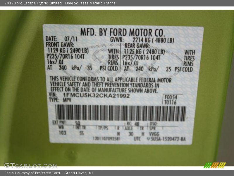 Lime Squeeze Metallic / Stone 2012 Ford Escape Hybrid Limited