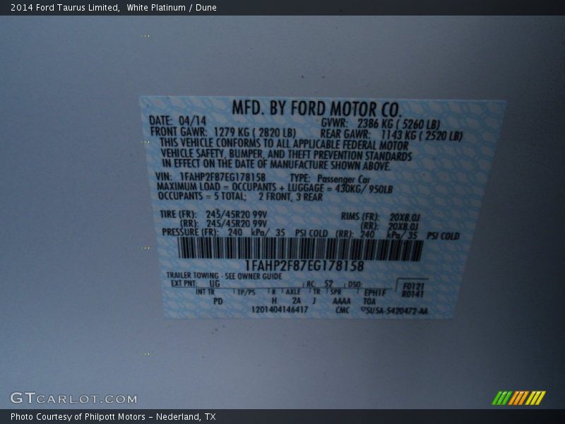 White Platinum / Dune 2014 Ford Taurus Limited