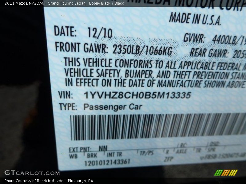Ebony Black / Black 2011 Mazda MAZDA6 i Grand Touring Sedan
