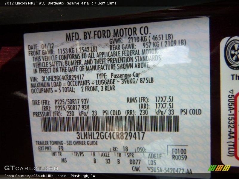Bordeaux Reserve Metallic / Light Camel 2012 Lincoln MKZ FWD