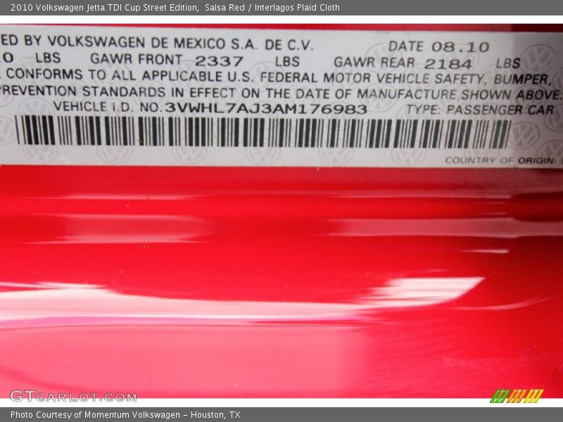 Salsa Red / Interlagos Plaid Cloth 2010 Volkswagen Jetta TDI Cup Street Edition