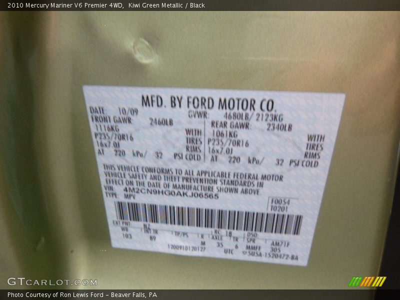 Kiwi Green Metallic / Black 2010 Mercury Mariner V6 Premier 4WD