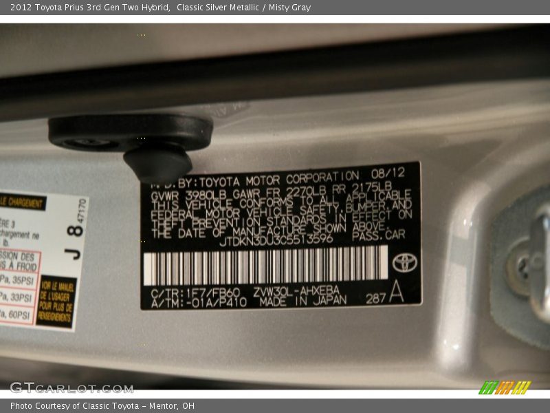 Classic Silver Metallic / Misty Gray 2012 Toyota Prius 3rd Gen Two Hybrid