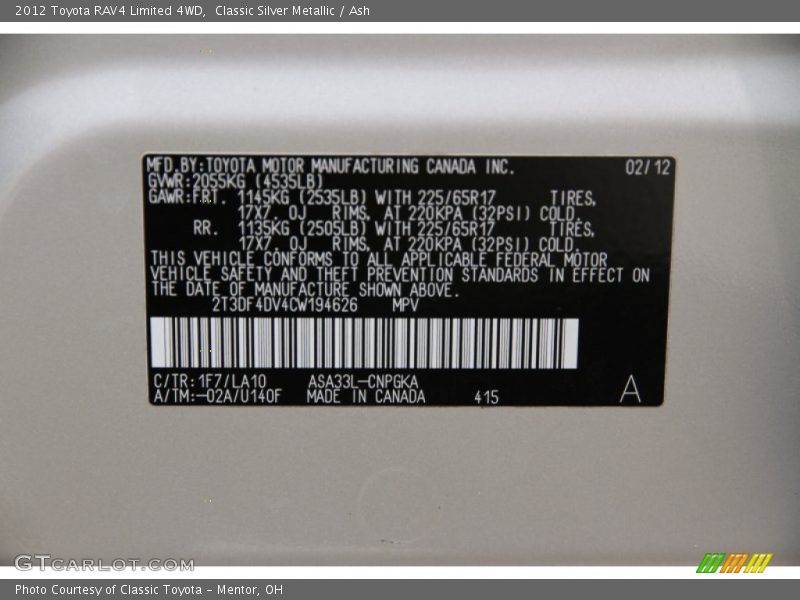 Classic Silver Metallic / Ash 2012 Toyota RAV4 Limited 4WD