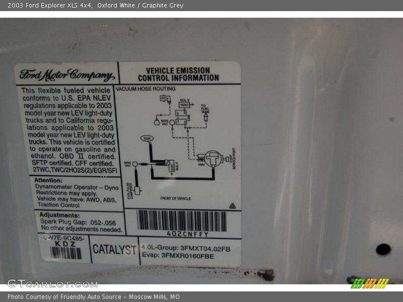 Info Tag of 2003 Explorer XLS 4x4
