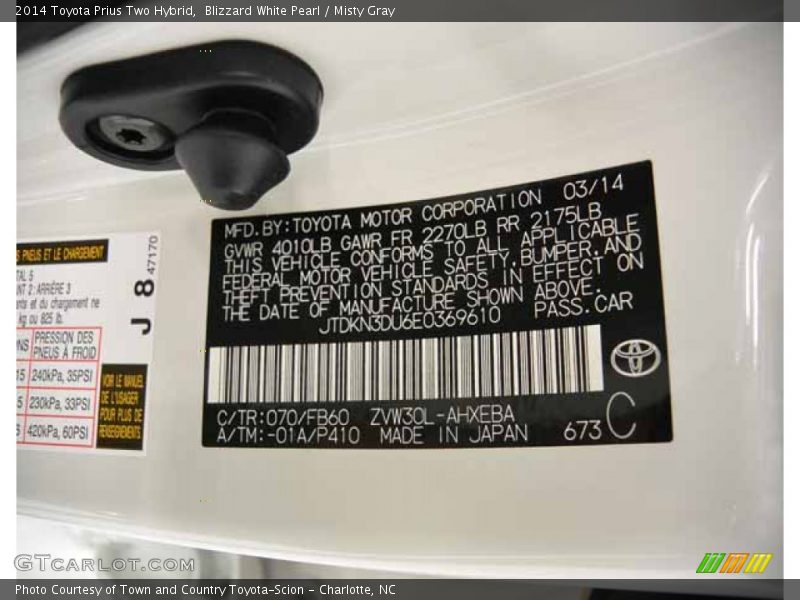 Blizzard White Pearl / Misty Gray 2014 Toyota Prius Two Hybrid