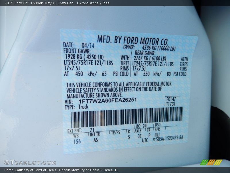 2015 F250 Super Duty XL Crew Cab Oxford White Color Code Z1