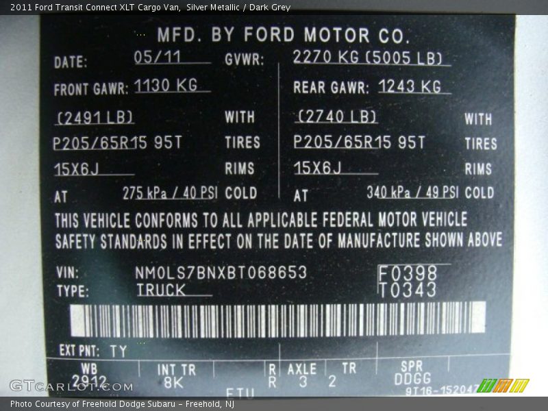 2011 Transit Connect XLT Cargo Van Silver Metallic Color Code TY