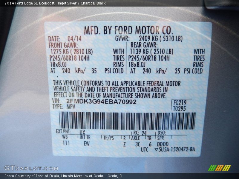 Ingot Silver / Charcoal Black 2014 Ford Edge SE EcoBoost
