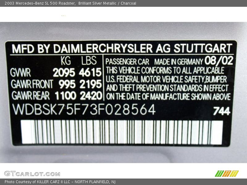 2003 SL 500 Roadster Brilliant Silver Metallic Color Code 744