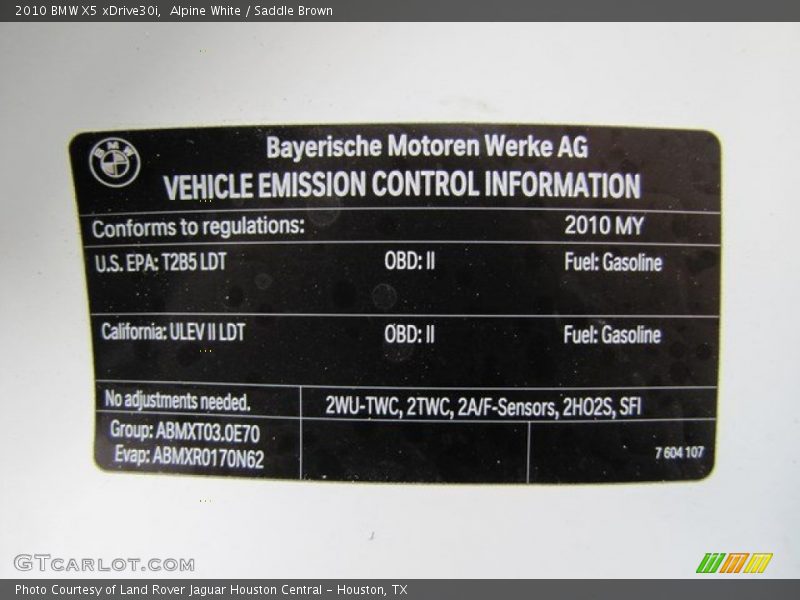 Info Tag of 2010 X5 xDrive30i