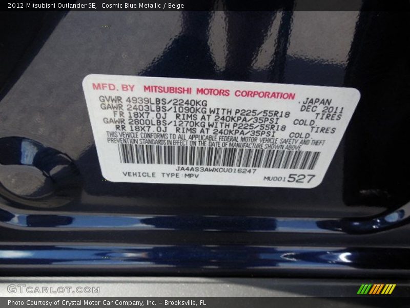Cosmic Blue Metallic / Beige 2012 Mitsubishi Outlander SE