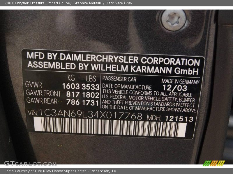 Graphite Metallic / Dark Slate Gray 2004 Chrysler Crossfire Limited Coupe