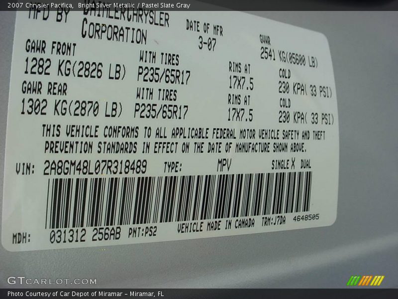 Bright Silver Metallic / Pastel Slate Gray 2007 Chrysler Pacifica