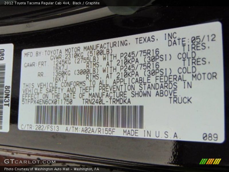 Black / Graphite 2012 Toyota Tacoma Regular Cab 4x4