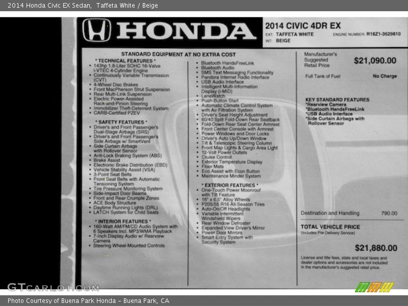 Taffeta White / Beige 2014 Honda Civic EX Sedan