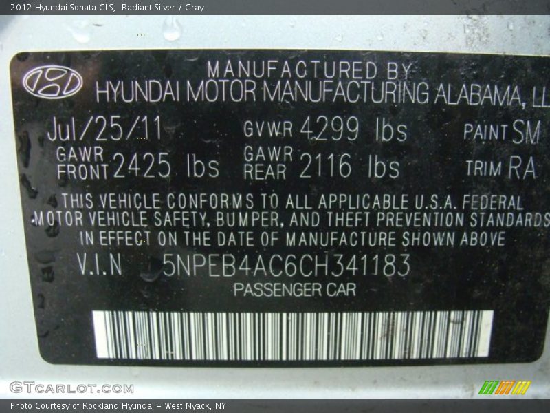 Radiant Silver / Gray 2012 Hyundai Sonata GLS