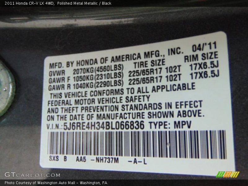 Polished Metal Metallic / Black 2011 Honda CR-V LX 4WD