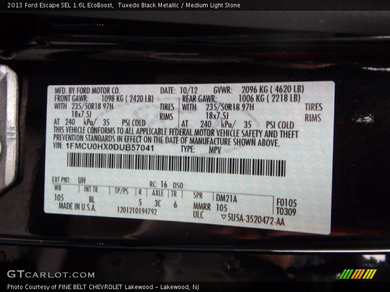 Tuxedo Black Metallic / Medium Light Stone 2013 Ford Escape SEL 1.6L EcoBoost