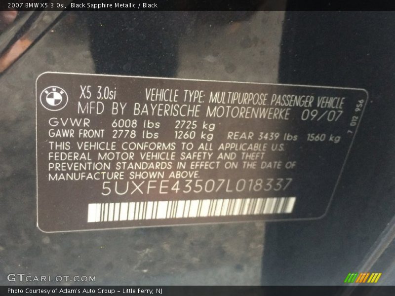 Black Sapphire Metallic / Black 2007 BMW X5 3.0si