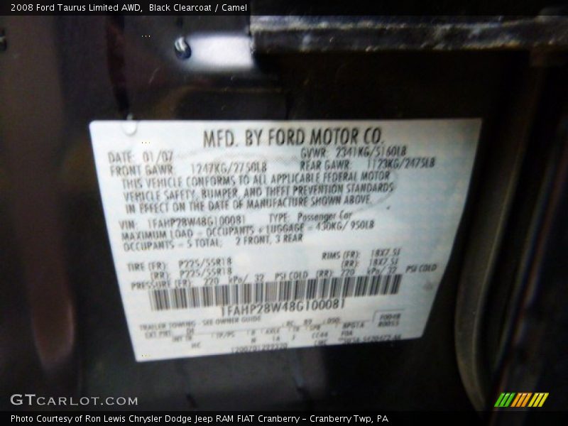 Black Clearcoat / Camel 2008 Ford Taurus Limited AWD