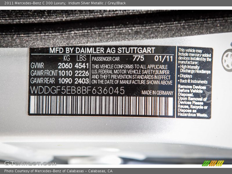Iridium Silver Metallic / Grey/Black 2011 Mercedes-Benz C 300 Luxury