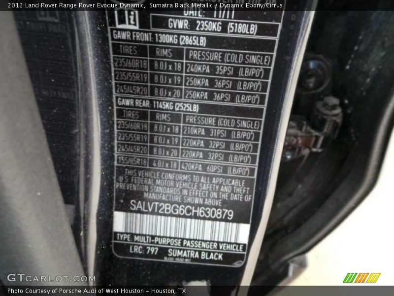 Sumatra Black Metallic / Dynamic Ebony/Cirrus 2012 Land Rover Range Rover Evoque Dynamic