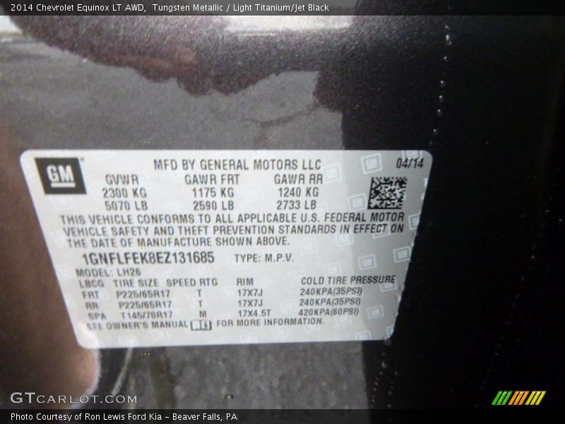 Tungsten Metallic / Light Titanium/Jet Black 2014 Chevrolet Equinox LT AWD
