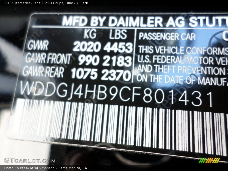 Black / Black 2012 Mercedes-Benz C 250 Coupe