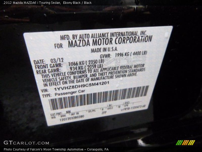 Ebony Black / Black 2012 Mazda MAZDA6 i Touring Sedan